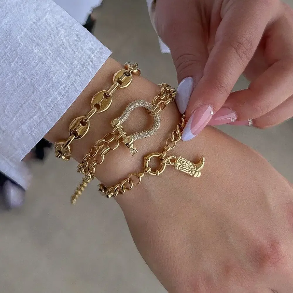 Gold Zircon Horseshoe Chain Link Bracelet Horse Lovers Gift